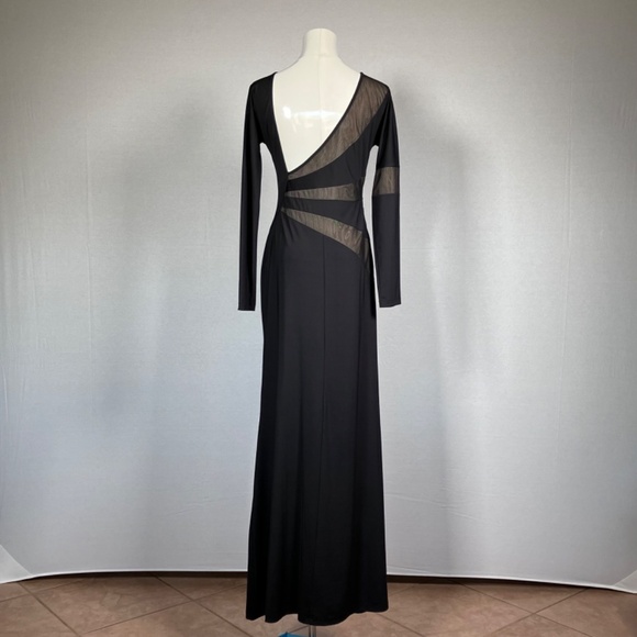 Black & Nude Mesh Sunburst Asymmetrical Long Cocktail Dress 8 - Picture 5 of 9